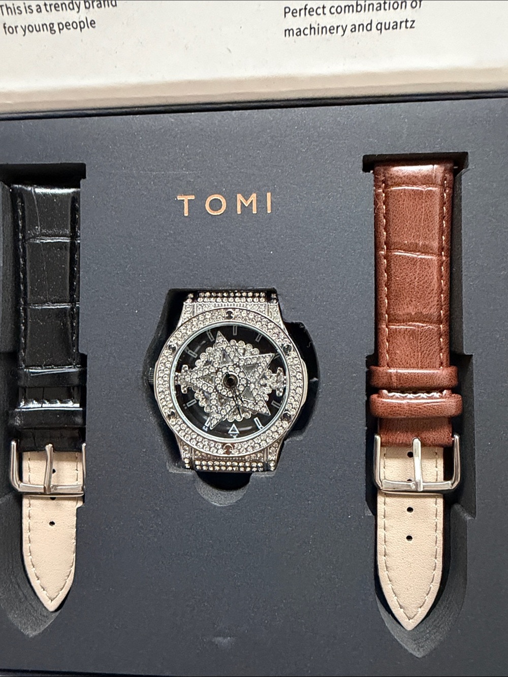 TOMI Crystal Accent Watch with Interchangeable Black and Brown Straps